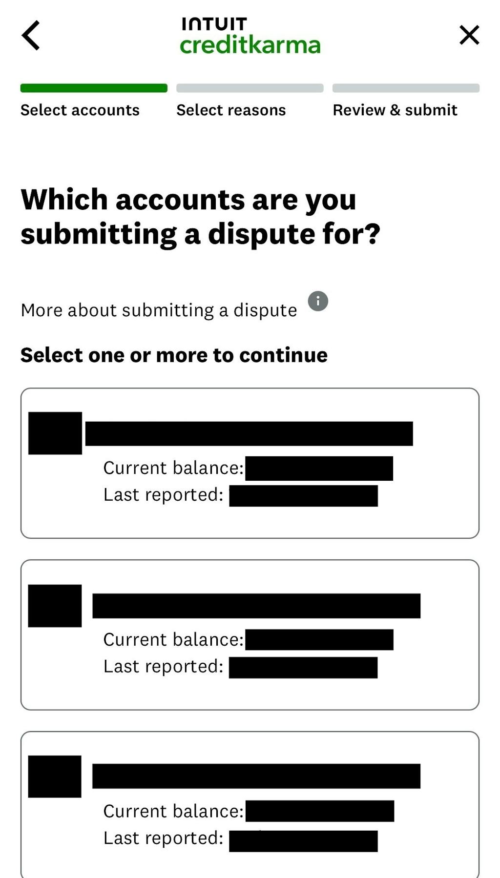Dispute3 List of credit accounts within the Credit Karma app.